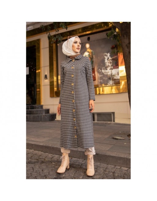 Tunique longue boutonnée à carreaux pour femme (Vetement Hijab Automne-Hiver) - Couleur gris Tunique longue boutonnée à carreaux pour femme (Vetement Hijab Automne-Hiver) - Couleur gris
