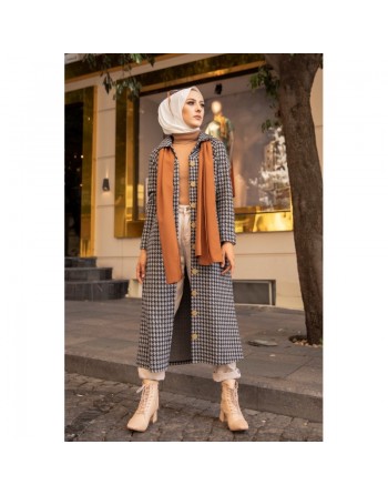 Tunique longue boutonnée à carreaux pour femme (Vetement Hijab Automne-Hiver) - Couleur gris 