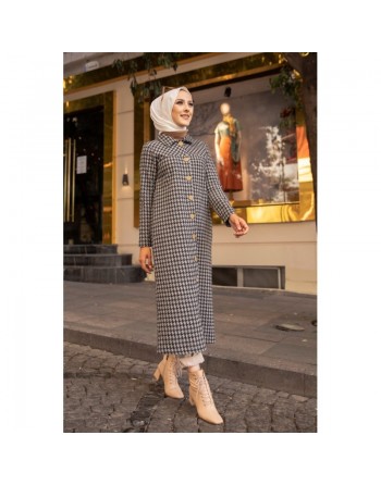 Tunique longue boutonnée à carreaux pour femme (Vetement Hijab Automne-Hiver) - Couleur gris 