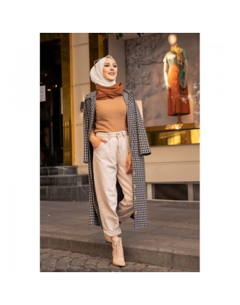 Tunique longue boutonnée à carreaux pour femme (Vetement Hijab Automne-Hiver) - Couleur gris 