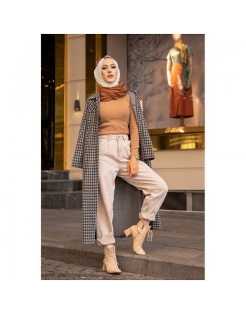 Tunique longue boutonnée à carreaux pour femme (Vetement Hijab Automne-Hiver) - Couleur gris 