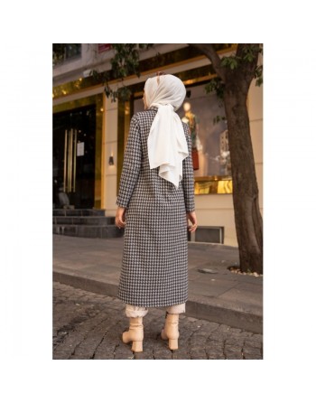 Tunique longue boutonnée à carreaux pour femme (Vetement Hijab Automne-Hiver) - Couleur gris 
