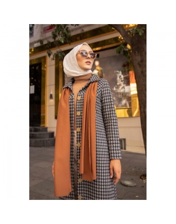 Tunique longue boutonnée à carreaux pour femme (Vetement Hijab Automne-Hiver) - Couleur gris 