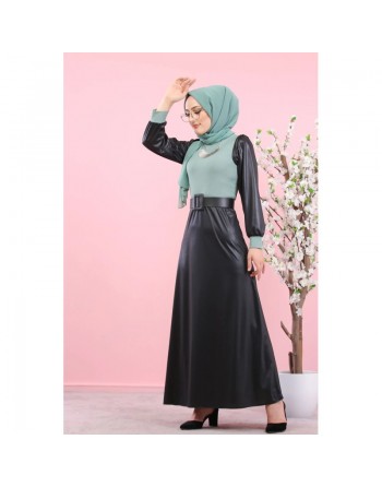Robe en simili-cuir pour femme (Boutique en ligne de Mode musulmane - Paris - France) - Couleur noire et menthe 
