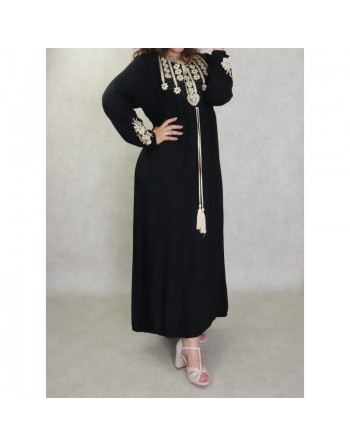 Robe longue élégante avec broderies et pompons pour femme - Couleur Noir 