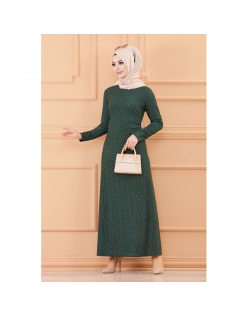 Robe longue évasée pour femme motif pois (Vêtement hidjab) - Couleur vert émeraude 