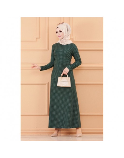 Robe longue évasée pour femme motif pois (Vêtement hidjab) - Couleur vert émeraude Robe longue évasée pour femme motif pois (Vêtement hidjab) - Couleur vert émeraude