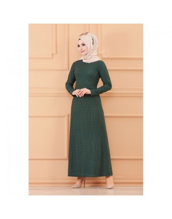 Robe longue évasée pour femme motif pois (Vêtement hidjab) - Couleur vert émeraude 