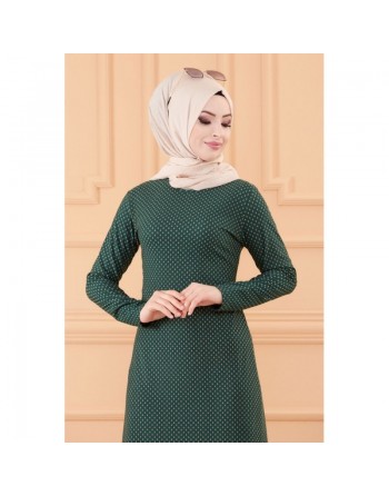 Robe longue évasée pour femme motif pois (Vêtement hidjab) - Couleur vert émeraude 