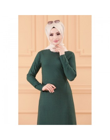 Robe longue évasée pour femme motif pois (Vêtement hidjab) - Couleur vert émeraude 