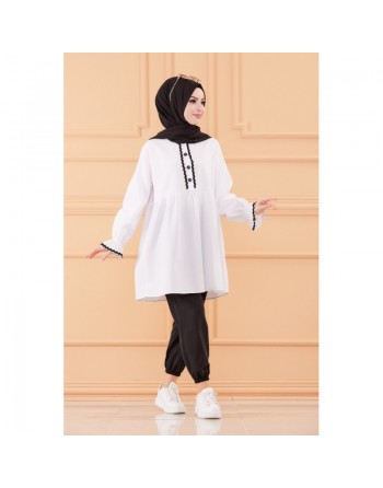 Ensemble femme (Tunique ample et pantalon) - Tenue Hijab - Couleur noir et blanc 