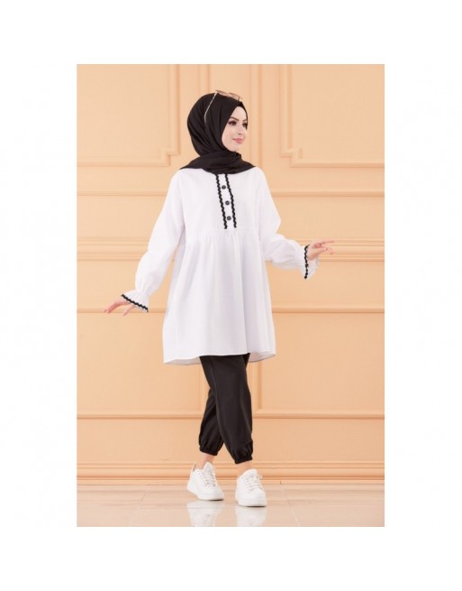 Ensemble femme (Tunique ample et pantalon) - Tenue Hijab - Couleur noir et blanc 