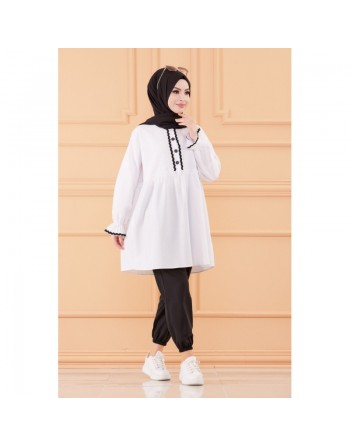Ensemble femme (Tunique ample et pantalon) - Tenue Hijab - Couleur noir et blanc 