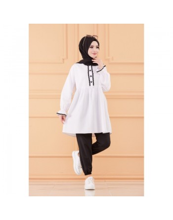 Ensemble femme (Tunique ample et pantalon) - Tenue Hijab - Couleur noir et blanc 