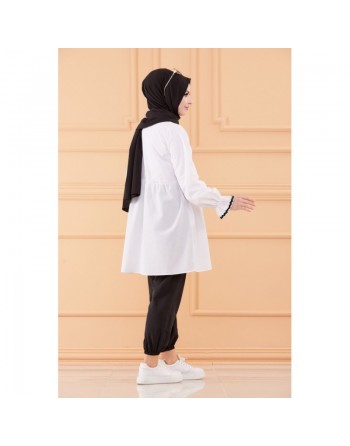 Ensemble femme (Tunique ample et pantalon) - Tenue Hijab - Couleur noir et blanc 