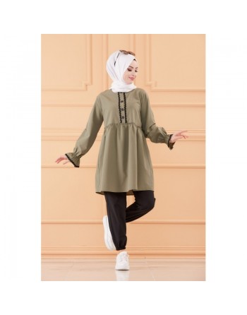 Ensemble femme (Tunique ample et pantalon) - Vetements Hijab - Couleur noir et kaki 