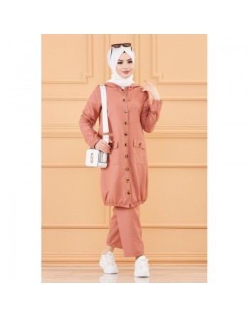 Ensemble décontracté casual pour femme (Veste longue et ample et son pantalon) - Couleur rose 