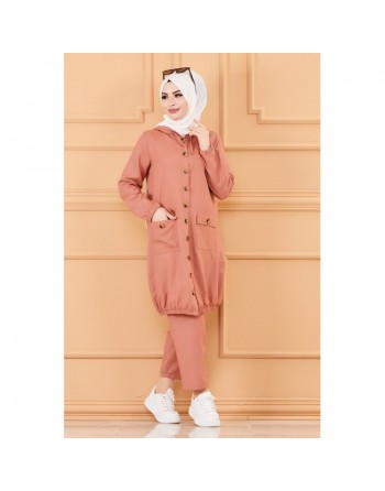 Ensemble décontracté casual pour femme (Veste longue et ample et son pantalon) - Couleur rose 