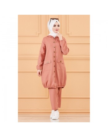 Ensemble décontracté casual pour femme (Veste longue et ample et son pantalon) - Couleur rose 
