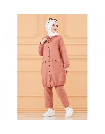 Ensemble décontracté casual pour femme (Veste longue et ample et son pantalon) - Couleur rose 