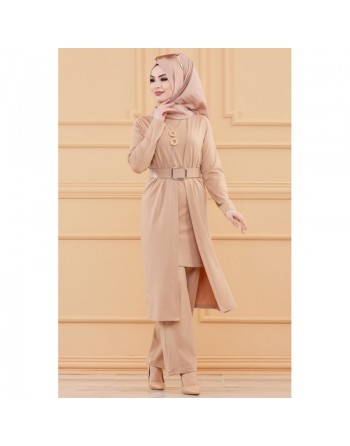 Ensemble 5 pièces assorties (Tunique, Pantalon, Veste, Ceinture, Collier) - Couleur beige 