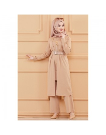 Ensemble 5 pièces assorties (Tunique, Pantalon, Veste, Ceinture, Collier) - Couleur beige 