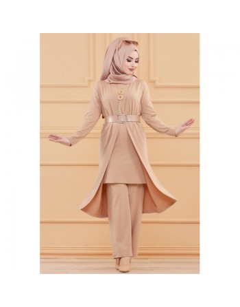 Ensemble 5 pièces assorties (Tunique, Pantalon, Veste, Ceinture, Collier) - Couleur beige 