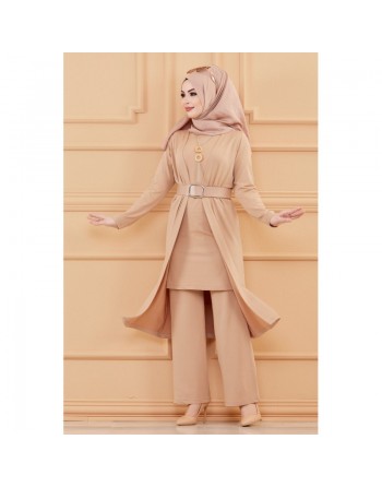 Ensemble 5 pièces assorties (Tunique, Pantalon, Veste, Ceinture, Collier) - Couleur beige 