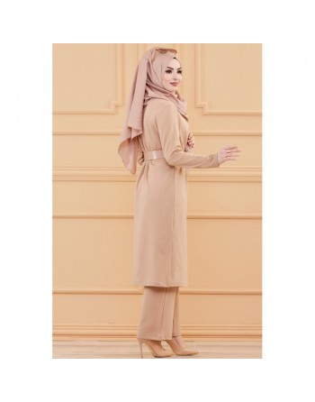 Ensemble 5 pièces assorties (Tunique, Pantalon, Veste, Ceinture, Collier) - Couleur beige 