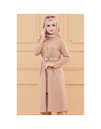 Ensemble 5 pièces assorties (Tunique, Pantalon, Veste, Ceinture, Collier) - Couleur beige 