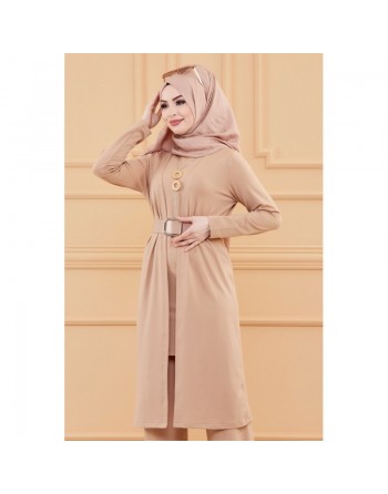 Ensemble 5 pièces assorties (Tunique, Pantalon, Veste, Ceinture, Collier) - Couleur beige 