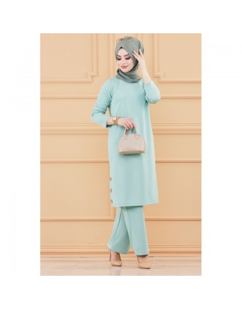 Ensemble tunique à boutons et pantalon assorti pour femme (Tenue hijab classique) - Couleur menthe 