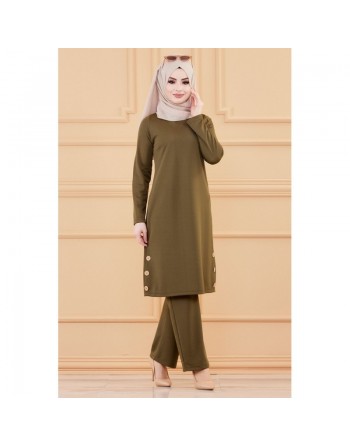 Ensemble tunique à boutons et pantalon assorti pour femme (Vetement mastour pour hijab) - Couleur kaki 