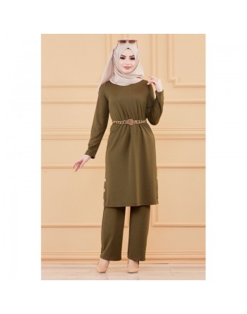 Ensemble tunique à boutons et pantalon assorti pour femme (Vetement mastour pour hijab) - Couleur kaki 