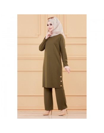 Ensemble tunique à boutons et pantalon assorti pour femme (Vetement mastour pour hijab) - Couleur kaki 