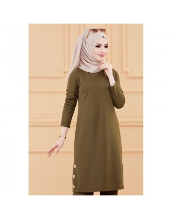 Ensemble tunique à boutons et pantalon assorti pour femme (Vetement mastour pour hijab) - Couleur kaki 