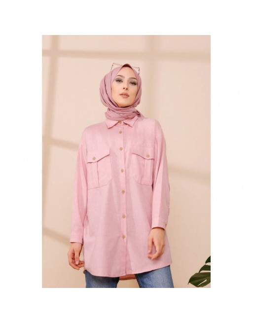 Tunique-Chemise casual pour femme avec deux grandes poches - Couleur rose poudré Tunique-Chemise casual pour femme avec deux grandes poches - Couleur rose poudré