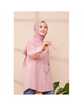 Tunique-Chemise casual pour femme avec deux grandes poches - Couleur rose poudré 