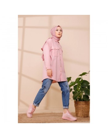 Tunique-Chemise casual pour femme avec deux grandes poches - Couleur rose poudré 
