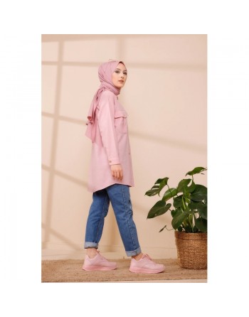 Tunique-Chemise casual pour femme avec deux grandes poches - Couleur rose poudré 
