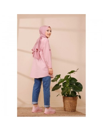 Tunique-Chemise casual pour femme avec deux grandes poches - Couleur rose poudré 