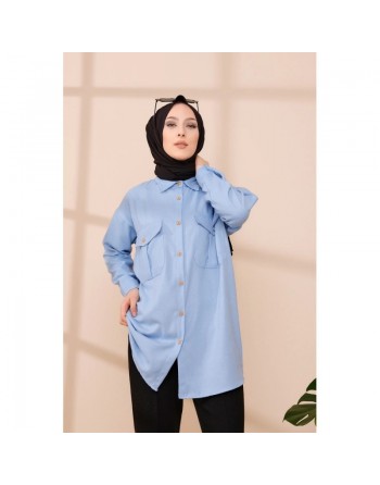 Tunique-Chemise casual pour femme avec deux grandes poches - Couleur bleu clair 