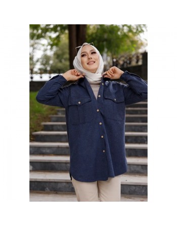 Tunique-Chemise casual pour femme avec deux grandes poches - Couleur bleu marine 