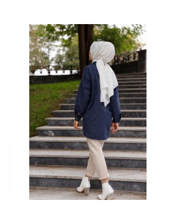 Tunique-Chemise casual pour femme avec deux grandes poches - Couleur bleu marine 