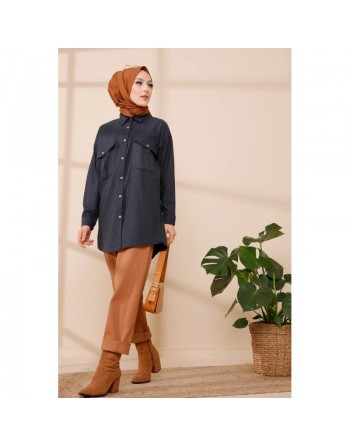 Chemise casual pour femme avec deux grandes poches - Couleur anthracite 
