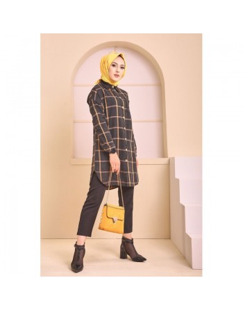 Chemise longue - Tunique à rayures (Surchemise pour saison automne hiver - Vêtement Hijab France) - Couleur bronze 