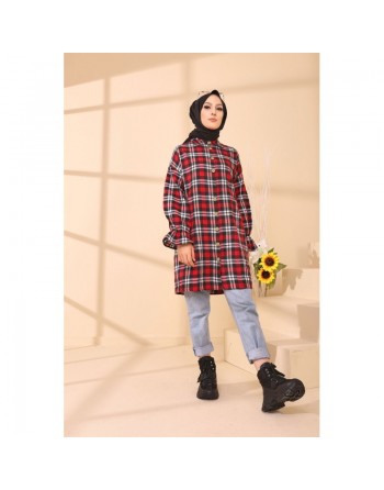 Surchemise ample - Tunique à carreaux (Vêtement Hijab style Musulmane) - Rayures de couleur rouge 