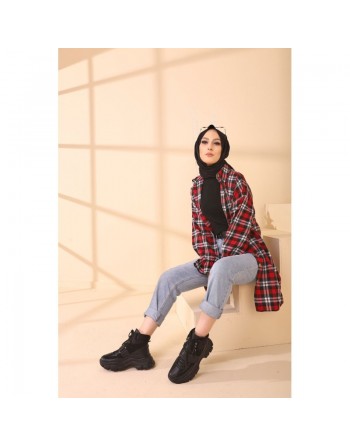Surchemise ample - Tunique à carreaux (Vêtement Hijab style Musulmane) - Rayures de couleur rouge 