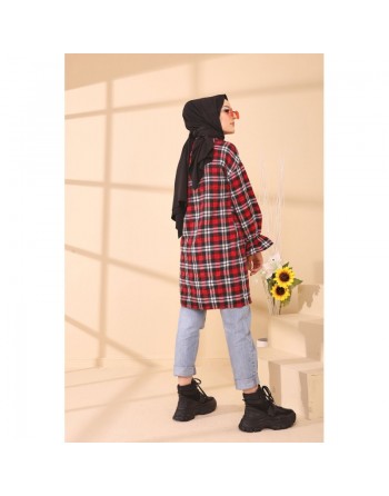 Surchemise ample - Tunique à carreaux (Vêtement Hijab style Musulmane) - Rayures de couleur rouge 