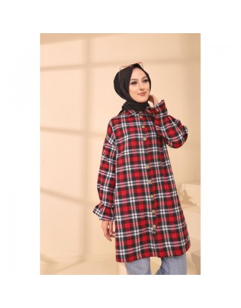 Surchemise ample - Tunique à carreaux (Vêtement Hijab style Musulmane) - Rayures de couleur rouge 